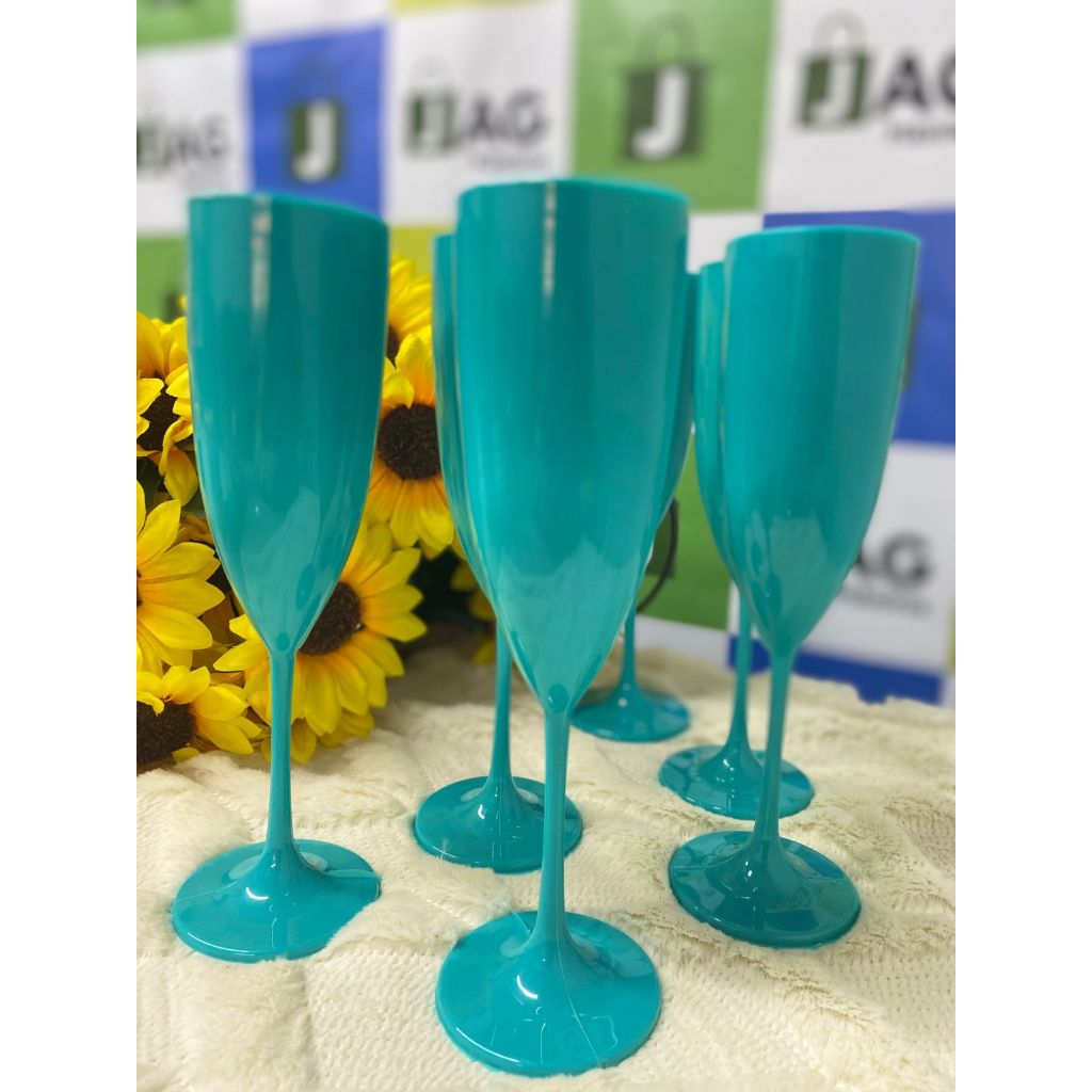 Kit  12 Taças De Champanhe Acrílica Tiffany / Azul Turquesa - 180 Ml