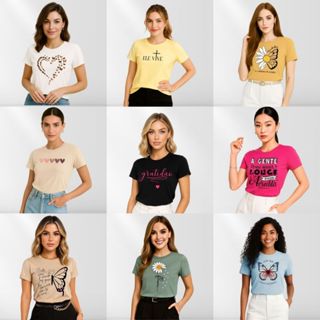 Kit 5 T-shirt Feminina Blusa Baby Look Camiseta em Oferta na Shopee