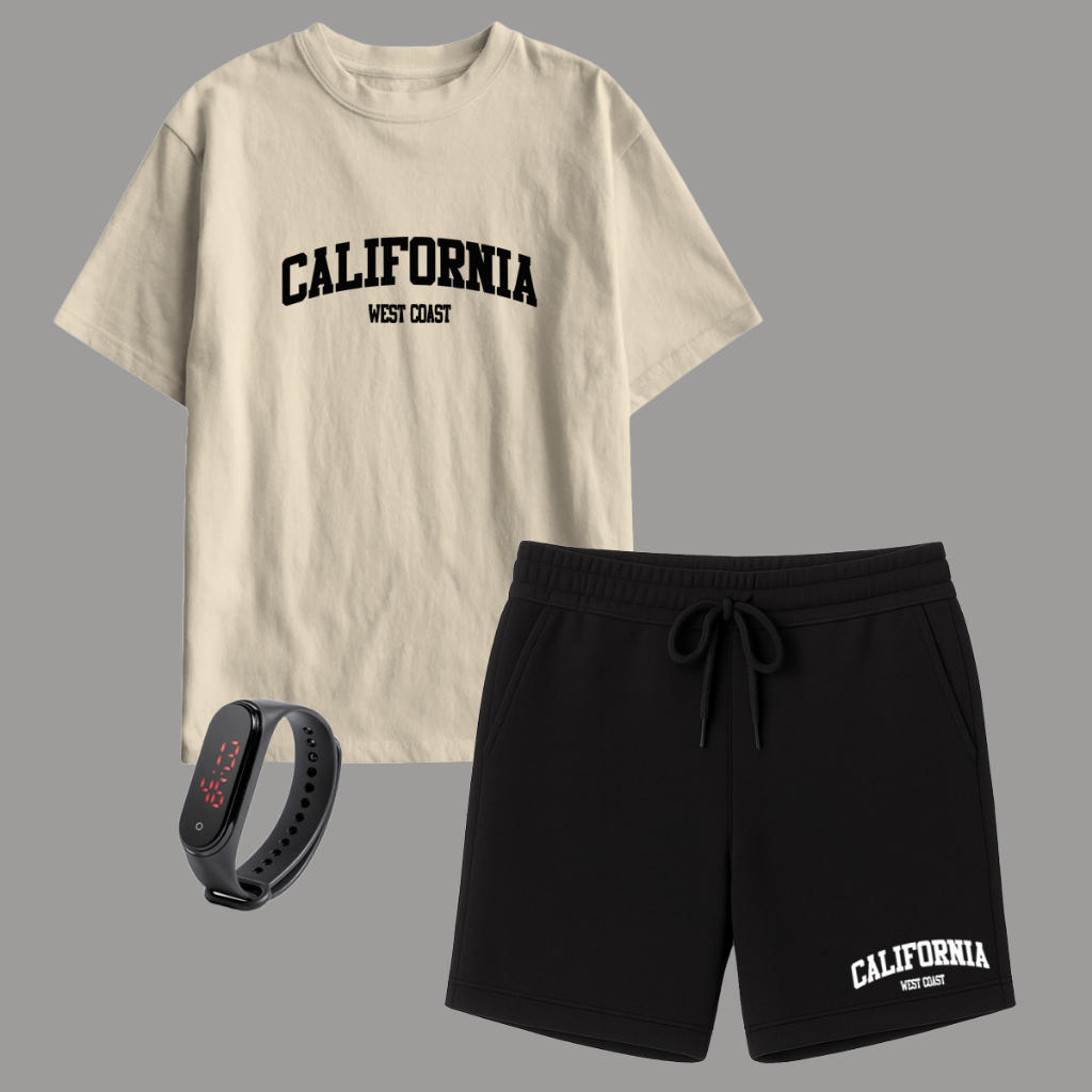 Kit Camisa + Short Infantil e Juvenil Algodão Moletim Califórnia com Relógio
