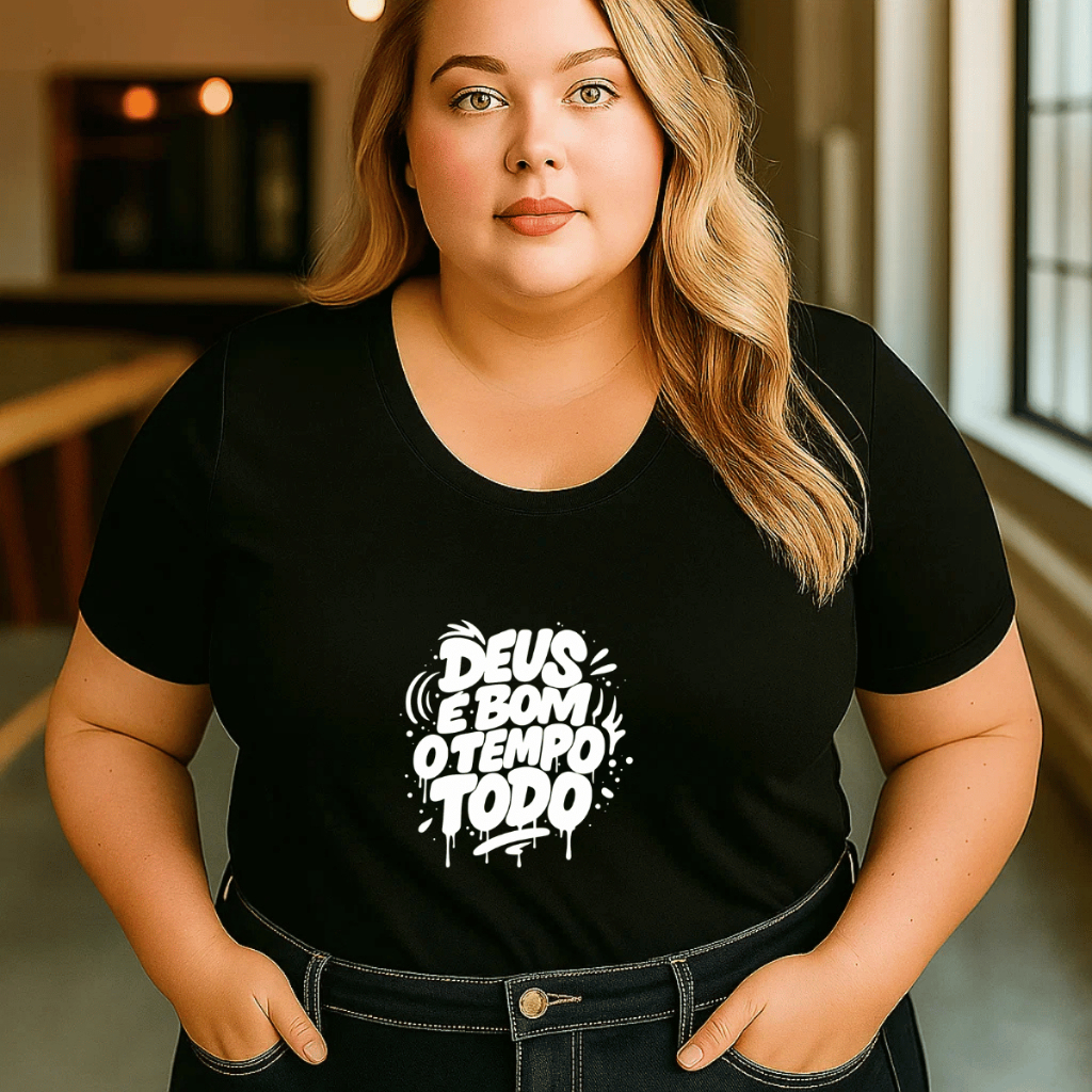 Camiseta Plus Size Feminina Estampada Confortável Cristã Deus È Bom 100% Algodão Academia Treino Verão Blusa Camisa