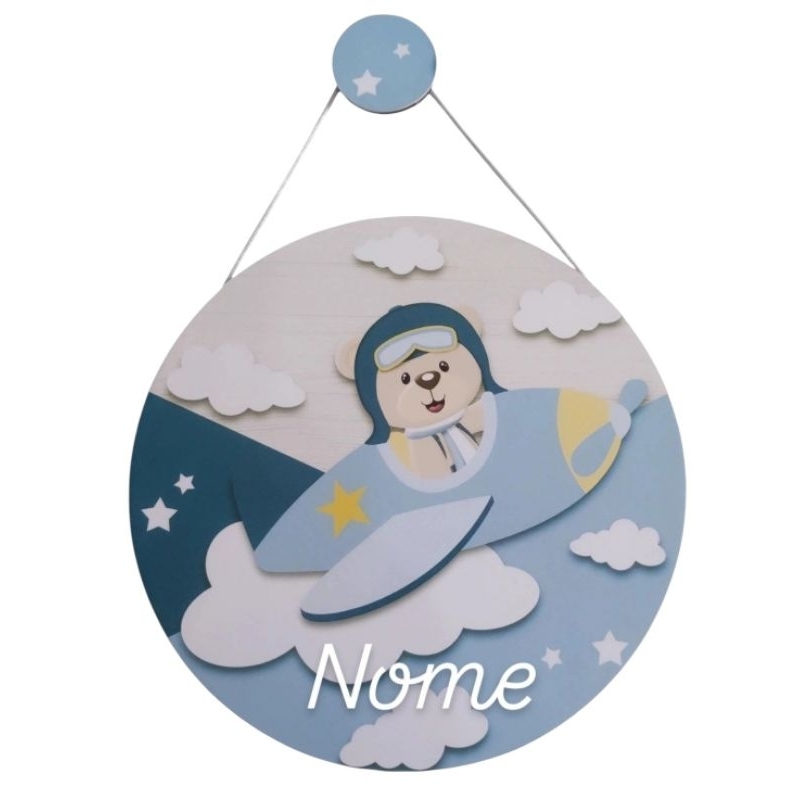 enfeite porta maternidade ursinho aviador personalizado em MDF envio imediato