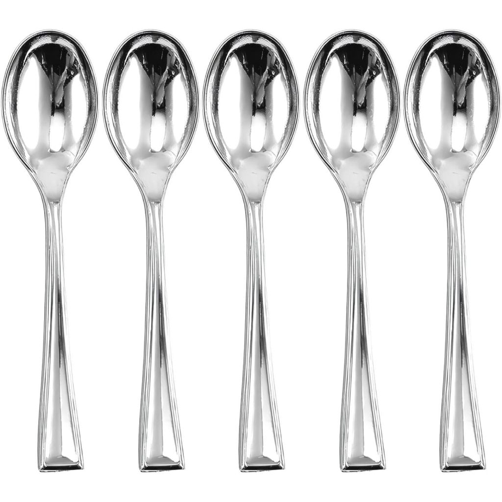 Colheres de sobremesa descartáveis de plástico prateadas de 9,8 cm, 50/100 unidades de colheres resistentes em Oferta na Shopee