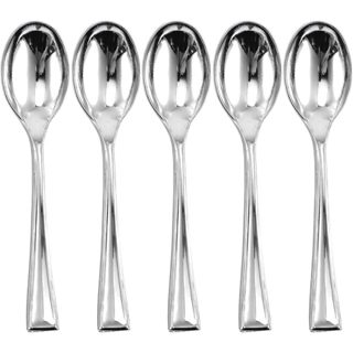 Colheres de sobremesa descartáveis de plástico prateadas de 9,8 cm, 50/100 unidades de colheres resistentes em Oferta na Shopee