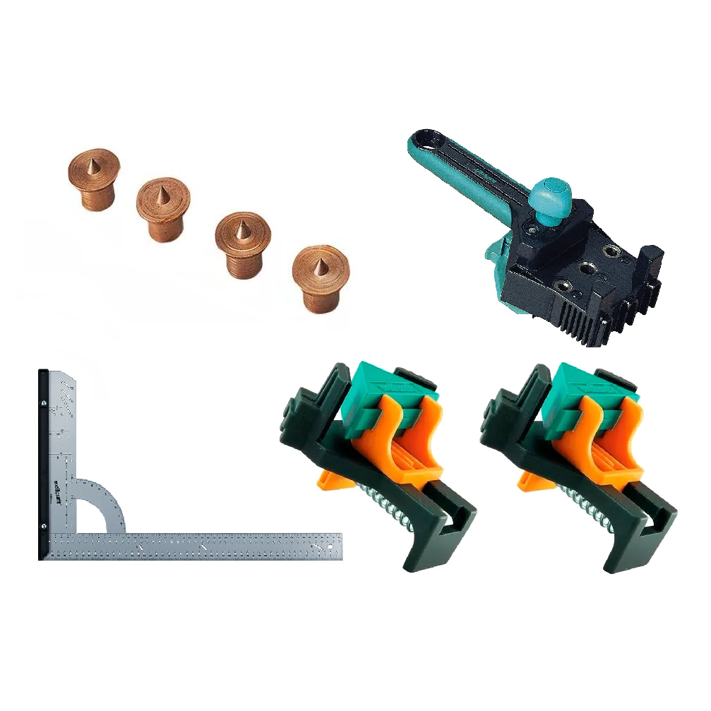 Kit com Esquadro, Gabarito de furação para Cavilhas, Marcador de Cavilhas e Grampo Sargento em Oferta na Shopee