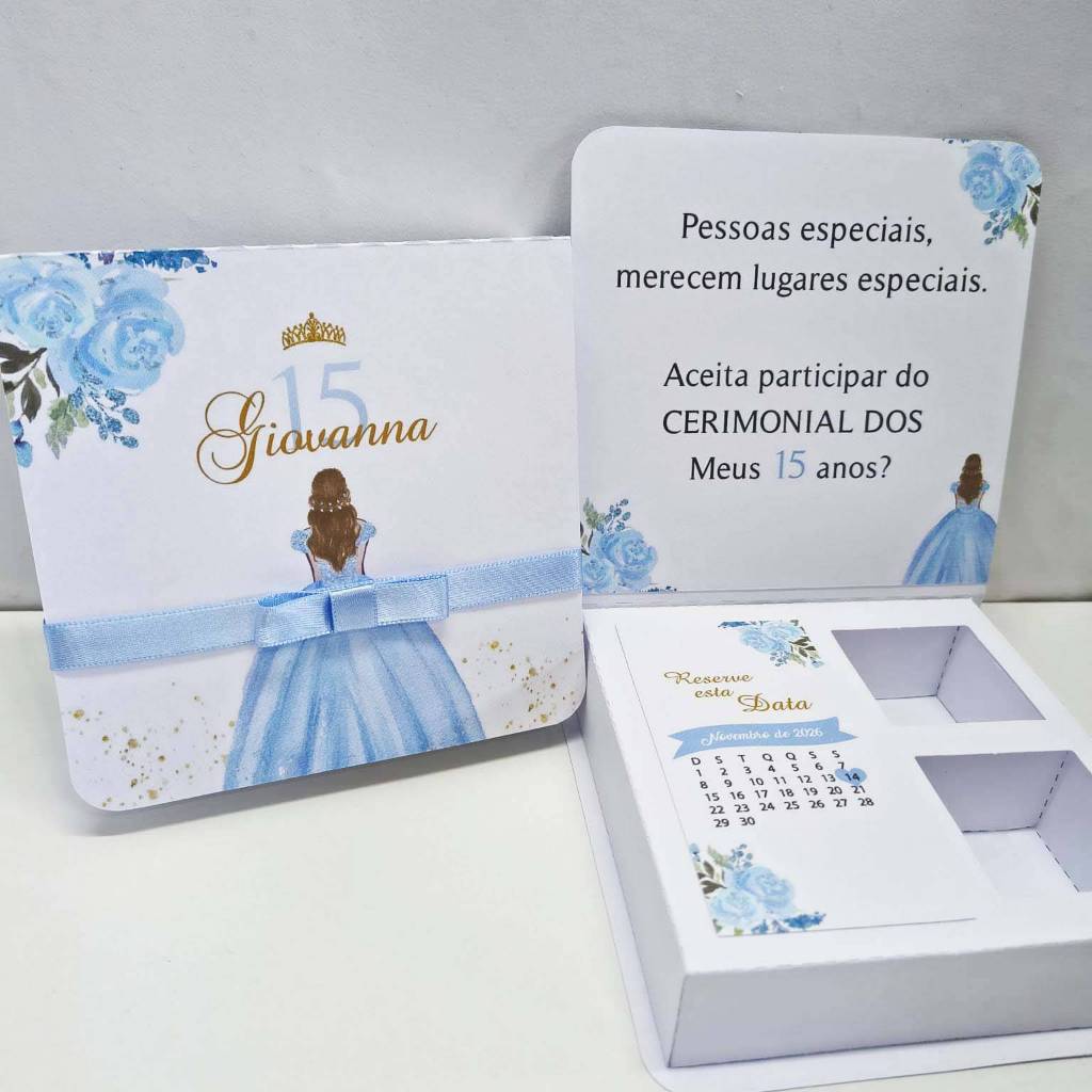 Convite 15 Anos Debutante Caixa Damas e Príncipe  Azul claro