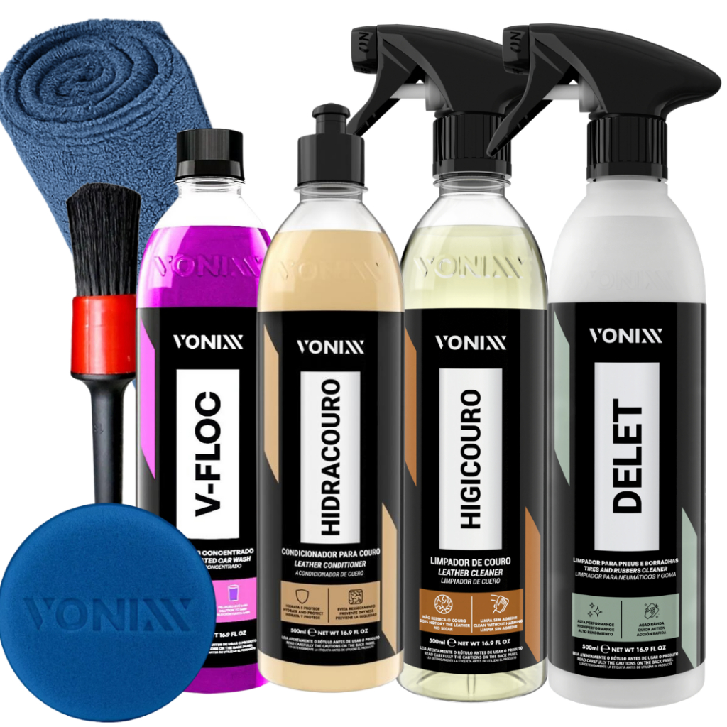 Kit Delet Limpador Pneus E Borrachas Higicouro Hidracouro Hidratar Couro Shampoo