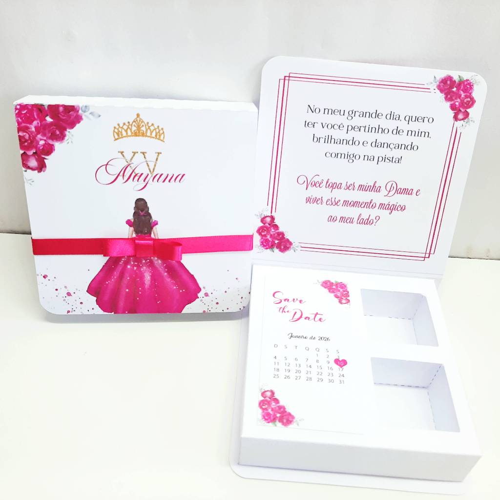 5 Convite 15 Anos Debutante Caixa Damas e Príncipe Pink - Convite menina de costas