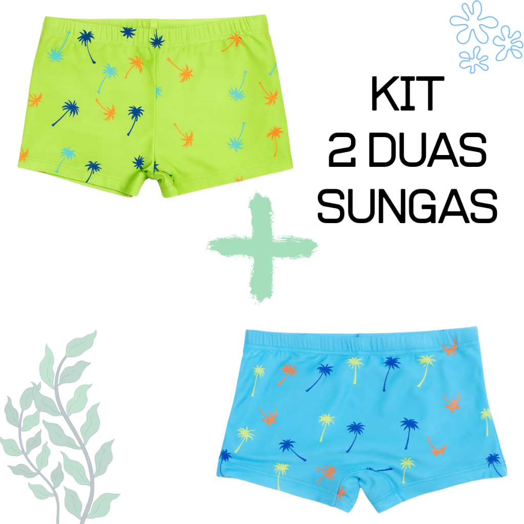 Kit 2 Sungas Infantil Forrada de Menino Praia, Piscina e Natação Confortável e Resistente Estampada Aleatória