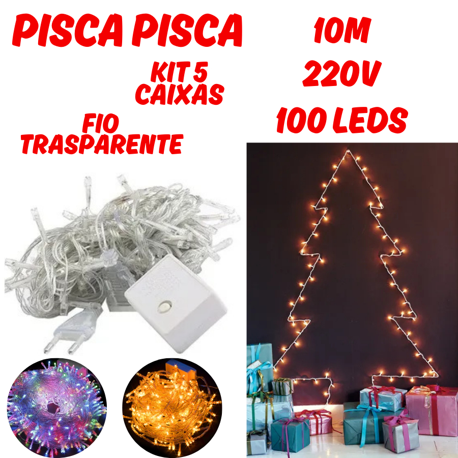Kit 5 Caixas Pisca Pisca 100 Leds 10 Metros 220V Transparente 8 Funções Natal Interno