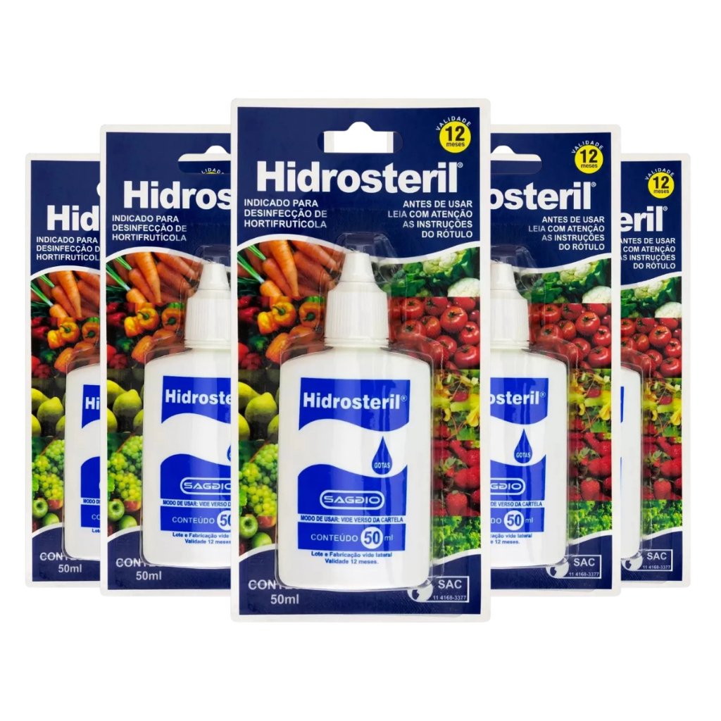 Kit 5 Hipoclorito Hidrosteril Gotas 50 ML Sanitizante para Água, Saladas, Frutas, Mamadeira, Chupeta