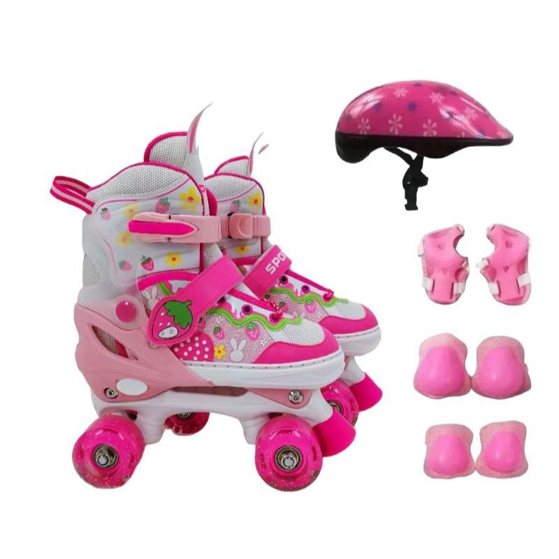 Patins Moranguinho Infantil 4 Rodas Ajustável com luz de LED Com e Sem Kit de Segurança