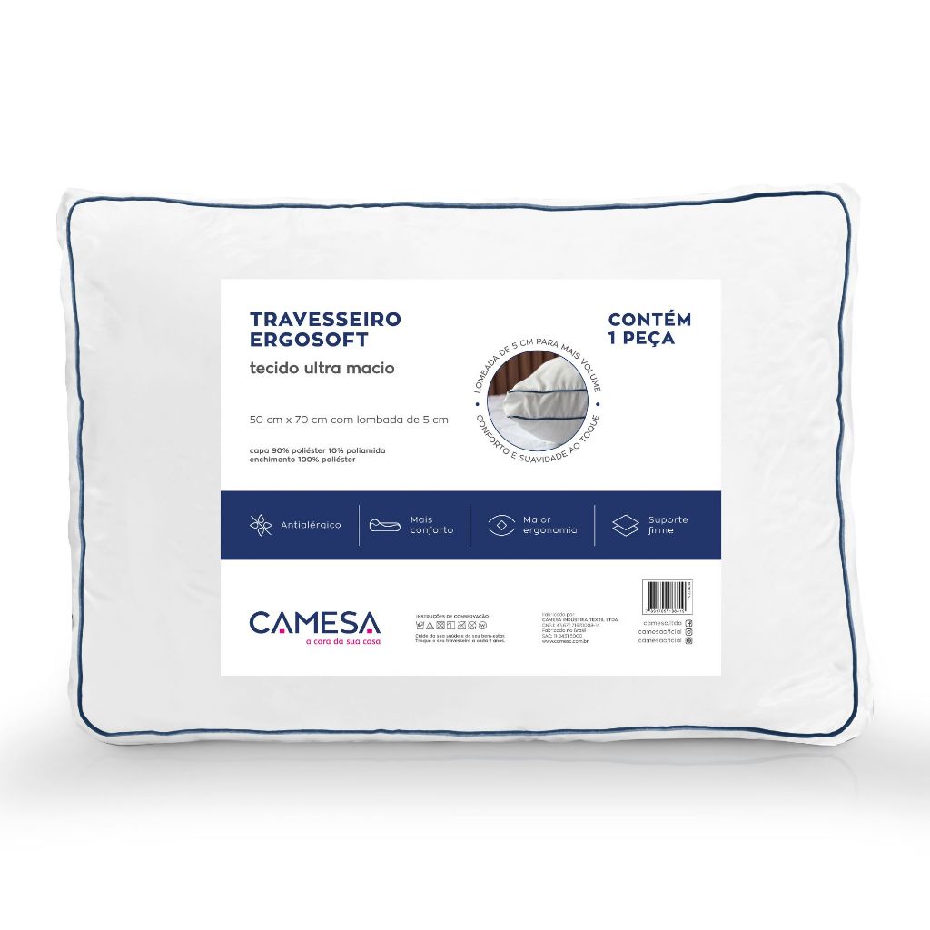 Travesseiro Ergosoft Ergonômico Ultra Macio –50x70cm Camesa