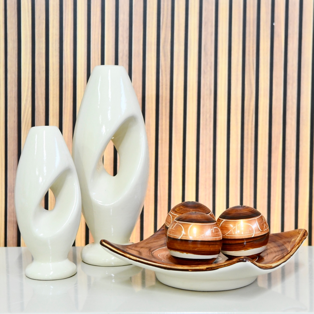 Kit 6 vasos decorativos cerâmica enfeites decoração elegantes casa rack trio dupla conjunto decorado