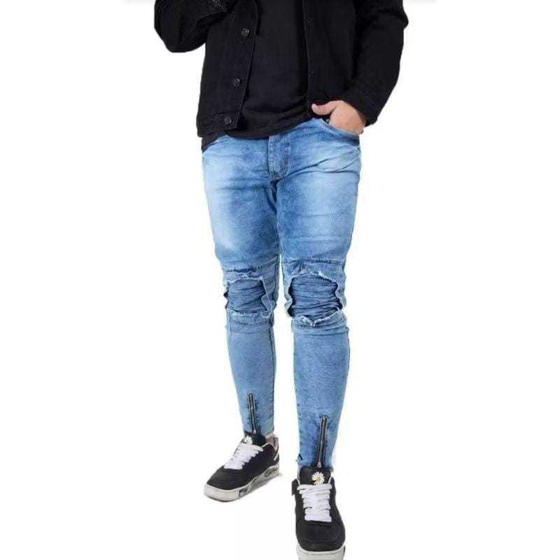 Calça Masculina Jeans Skinny Zíper Na Barra Destroyed