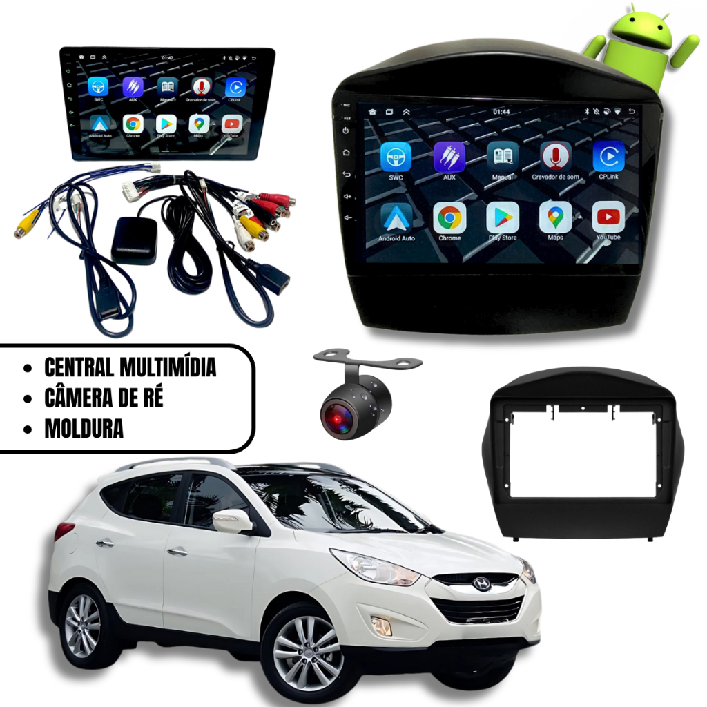 Kit Central Multimídia Android Tela 9"Polegadas Com Moldura E Câmera De Ré Para IX35