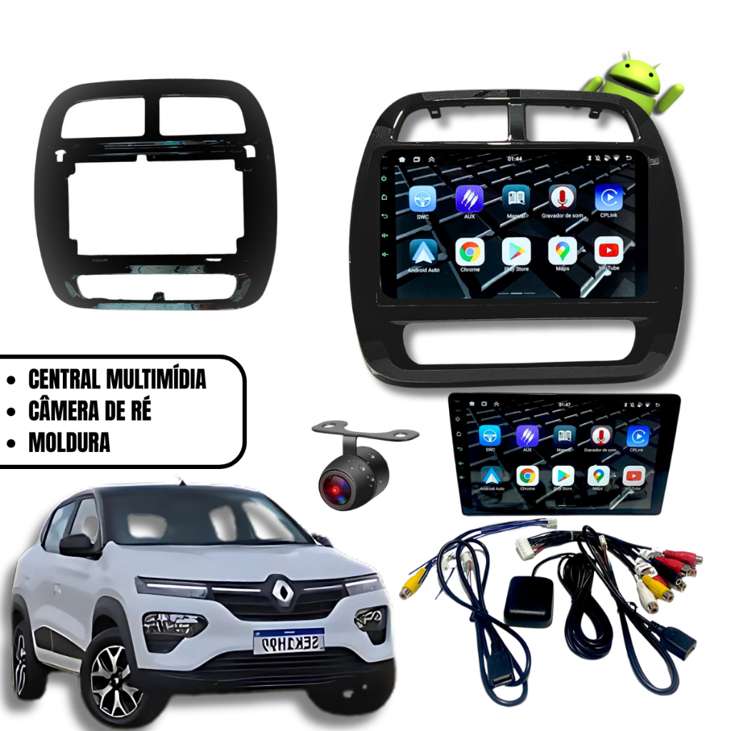 Central Multimídia Android Tela 9''Polegadas Com Moldura E Câmera De Ré Para Kwid