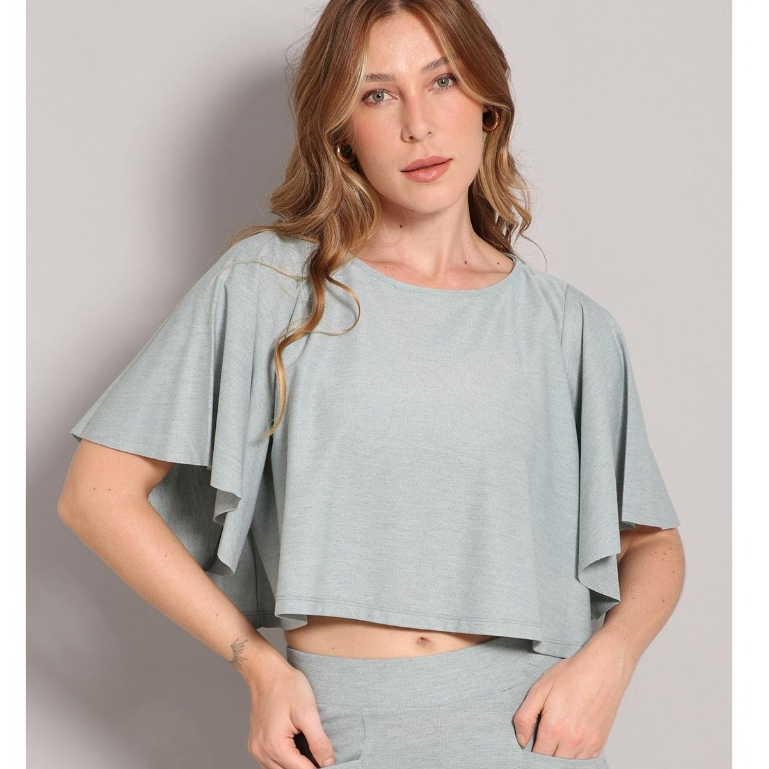 Cropped Feminino Manga Morcego Piquet Linha Premium Tendência Blogueirinha