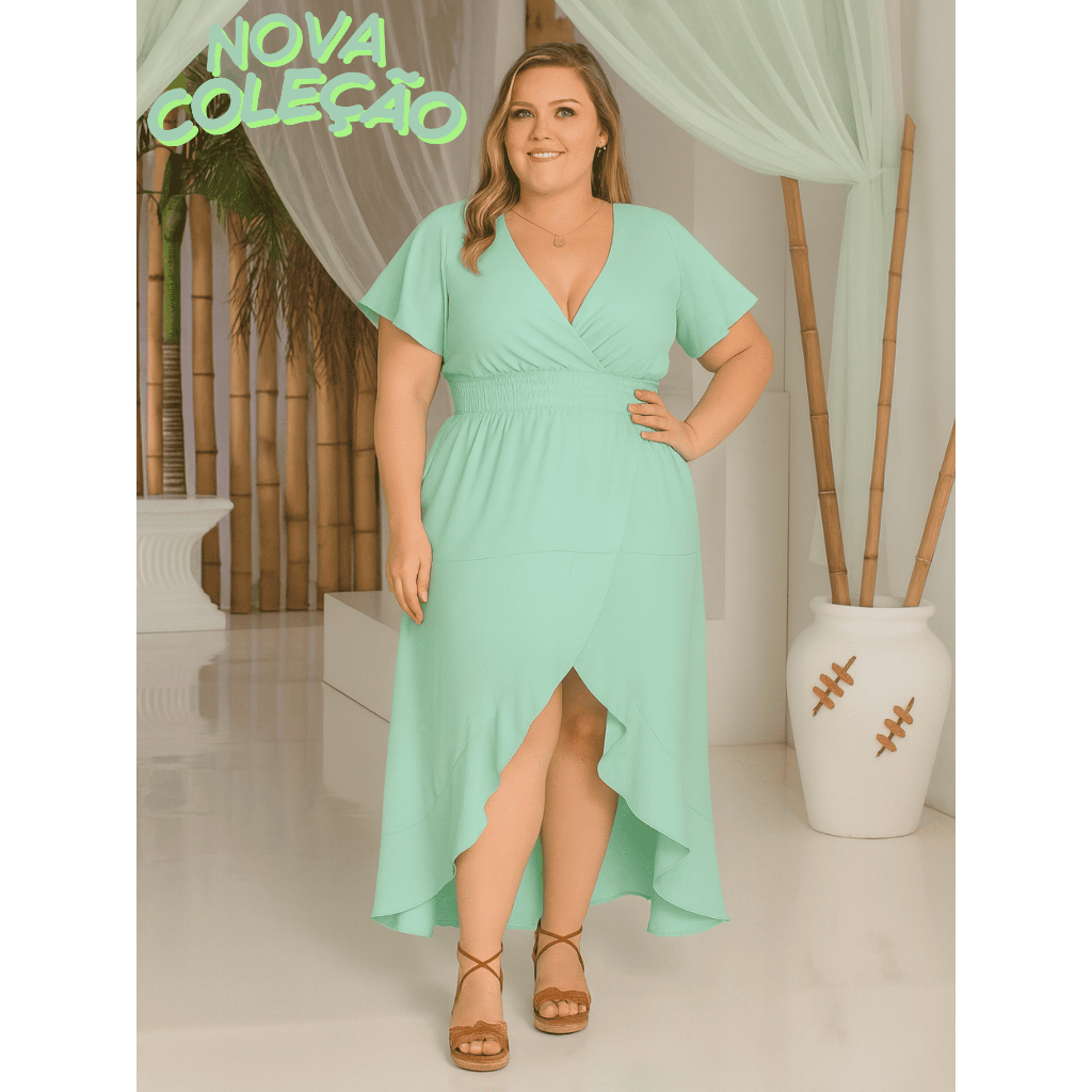 Vestido Plus Size G1 G2 G3 Elegante Moderno | Manga Fluida–Tecido Duna Premium Azul Verde Preto Rosa tamanho grande
