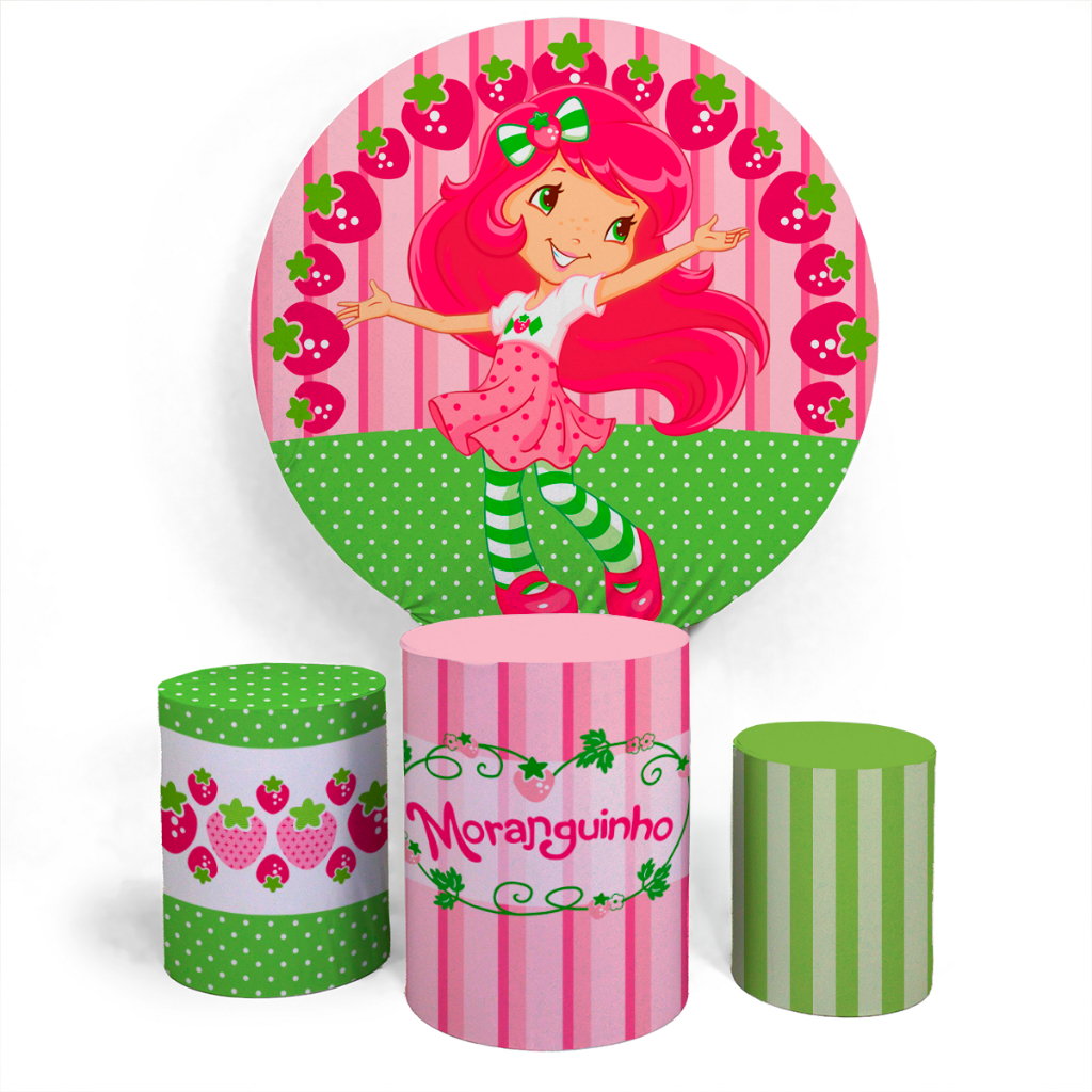 Kit Painel Evento Decorativo Moranguinho Infantil Menina Divertido Painel Redondo + Trio Completo Alta Qualidade Premium