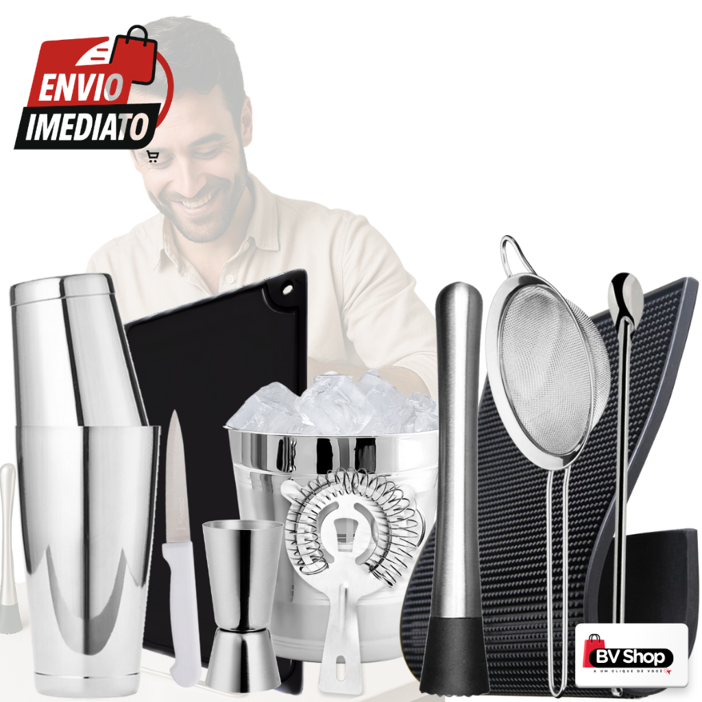Kit Bar Completo 11 Peças Aço Inox - Coqueteleira Boston, Tábua de Corte e Tapete Escorredor Barmat | Envio Imediato