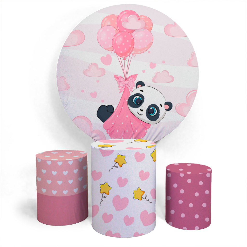Kit Painel Aniversário Comemoração Panda Cute fofo Bebê Revelação Aniversário Festa + Trio Capas Cilindro Vários Temas