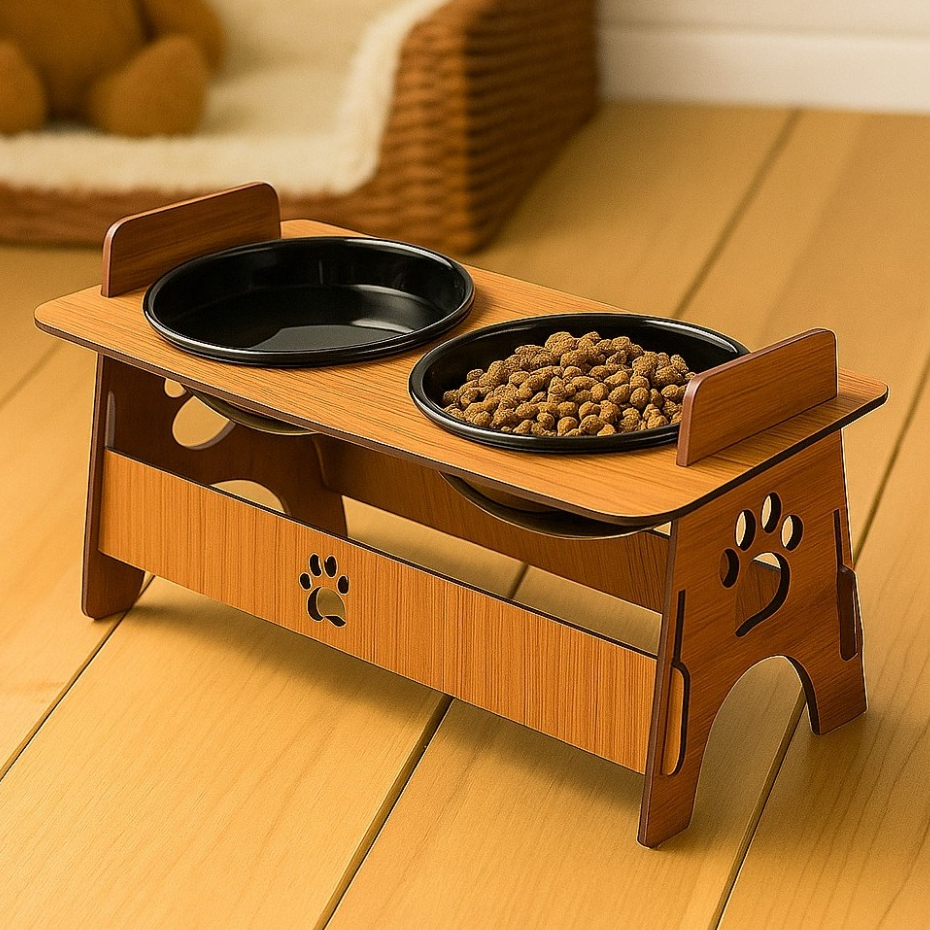 Comedouro Elevado para Cachorro e Gato em Mdf Preto/Marrom com Tigela de Plástico Tendênci...