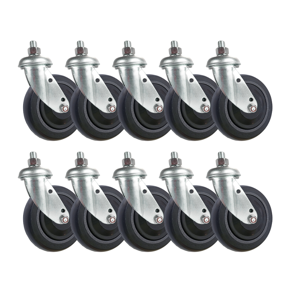 Kit 10 Rodizio 412 Roda 4 Polegadas Garfo Espiga Giratório Carrinho Supermercado PVC Rolamento Central Cinza Abaulada