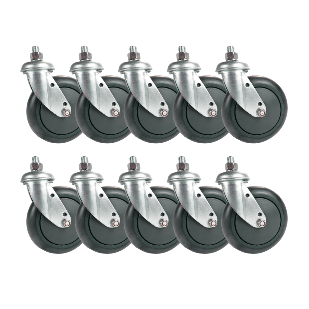 Kit 10 Rodizio 512 Roda 5 Polegadas Garfo Espiga Giratório Carrinho Supermercado PVC Rolamento Central Cinza Abaulada