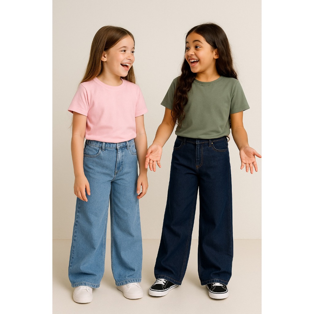 Kit 2 Calças Wide Leg Menina – Jeans Premium com Ajuste na Cintura