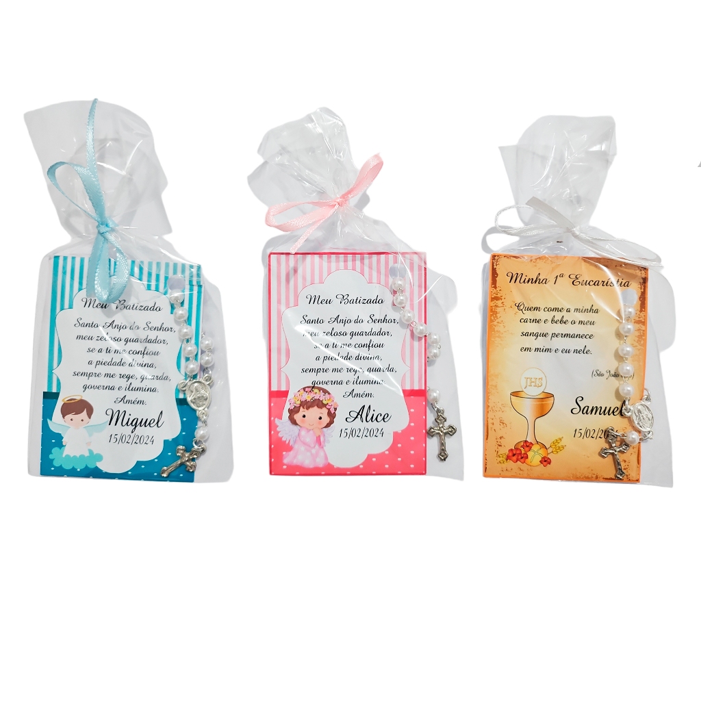 Lembrancinha Batizado e 1ª Eucaristia – Cartão Perfumado com Imã e Terço - Personalizado