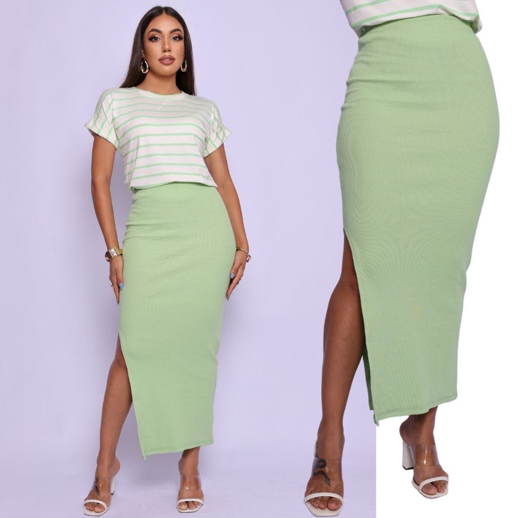 Saia Basica Longa em Ribana com Fenda Lycra Modeladora Cintura Alta em Oferta na Shopee