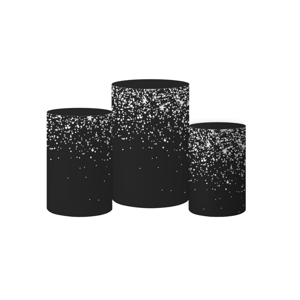 Trio Capa para Cilindro Preta com Glitter Prata Sublimada com Elástico Veste Fácil