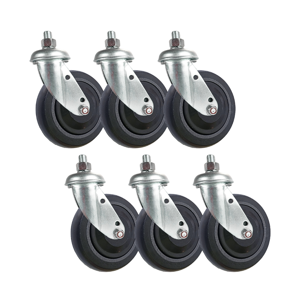 Kit 6 Rodizio 412 Roda 4 Polegadas Garfo Espiga Giratório Carrinho Supermercado PVC Rolamento Central Cinza Abaulada