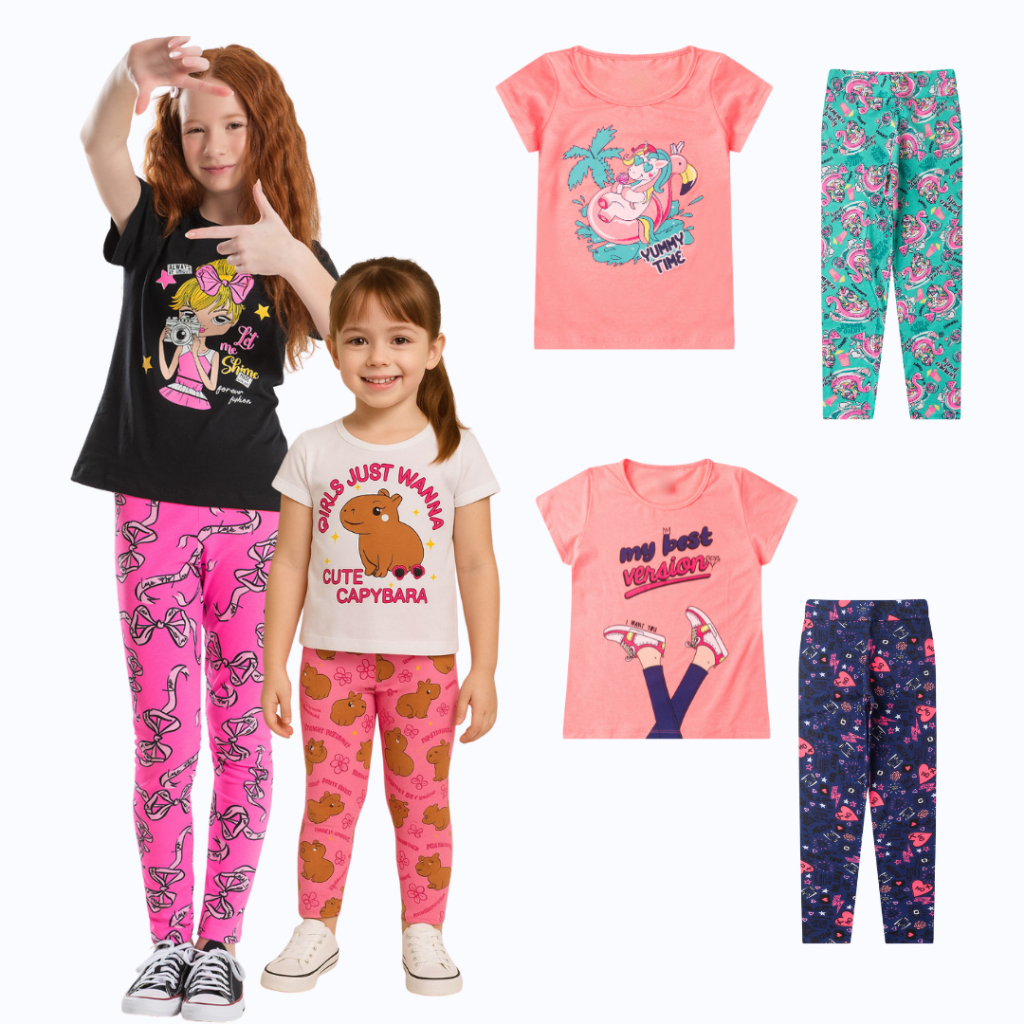 Kit 4 Peças Infantil Juvenil Menina Blogueirinha Conjunto Roupa Feminino 2 Calça + 2 Blusas Atacado
