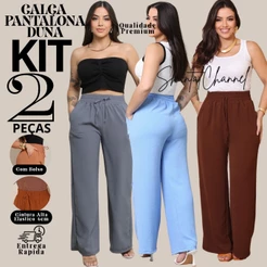 Kit 2 Calça Pantalona Feminina Duna Com Bolso Cintura Alta PROMOÇÃO ENVIO IMEDIATO