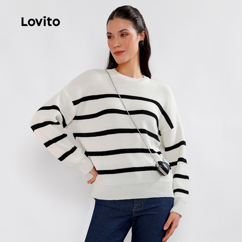 Lovito Suéter Feminino de Tricô Listrado Manga Longa L32UD004 em Oferta na Shopee