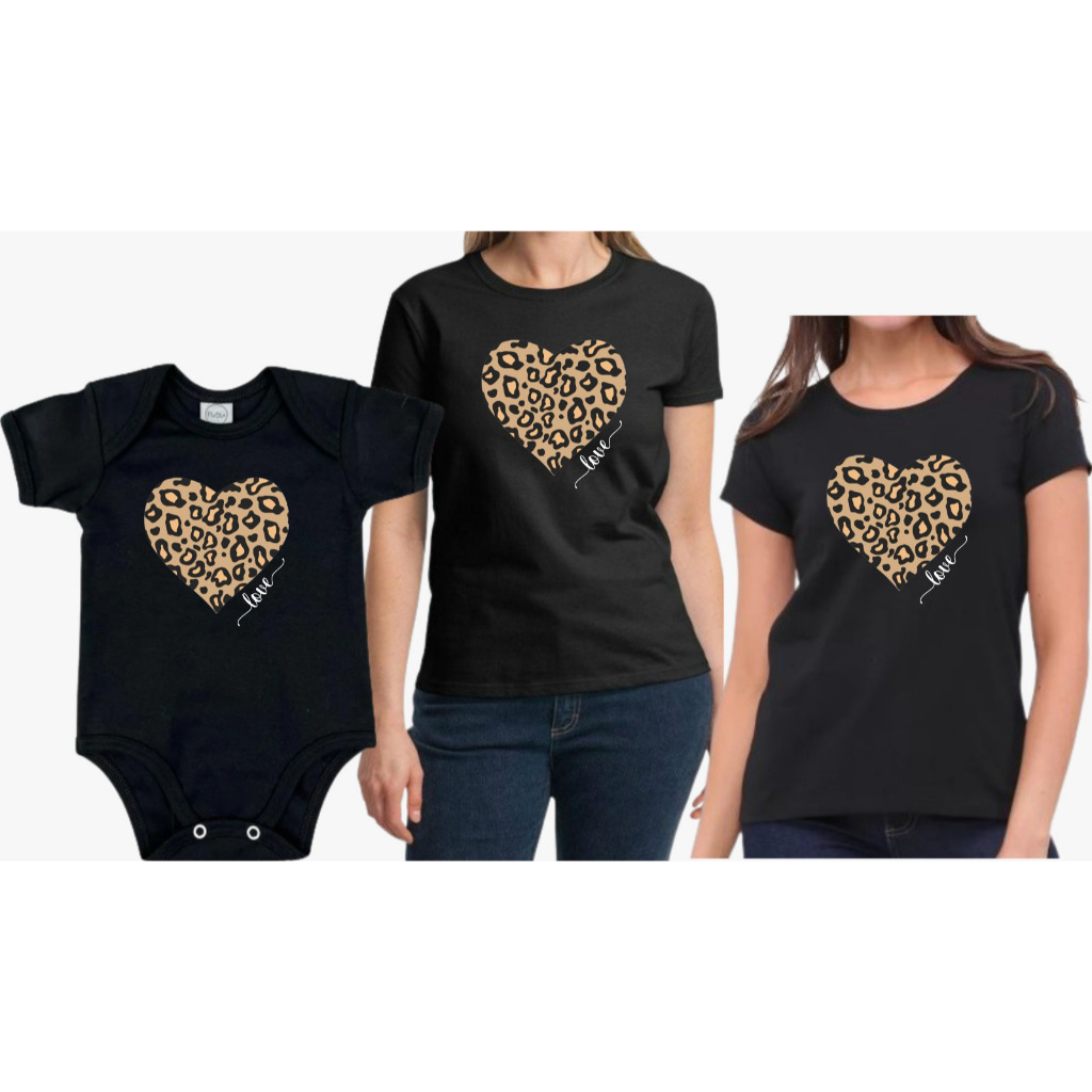 Kit Tal Mãe Tal Filhas Coração Animal Print 3 peças Tal Mâe Tal FIlhas PRETA