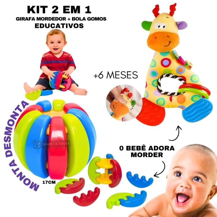 Kit 2 Brinquedo Educativo Para Bebês 6 Meses Sensorial Macio Menino Menina Presente Chocalho Mordedor - Dia Das Crianças