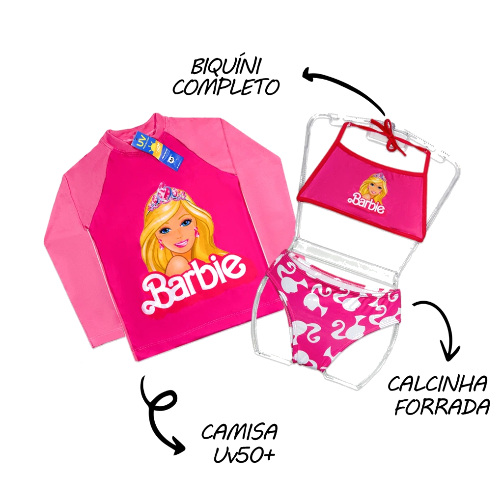 Kit Praia Infantil Menina 3 Peças UV50+ | Camiseta Proteção Solar + Biquíni Estampado Menina Verão