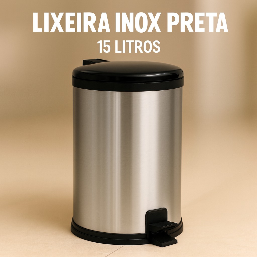 Lixeira Inox 15l Pedal Tampa Antiodor Cozinha Banheiro Preta Preto