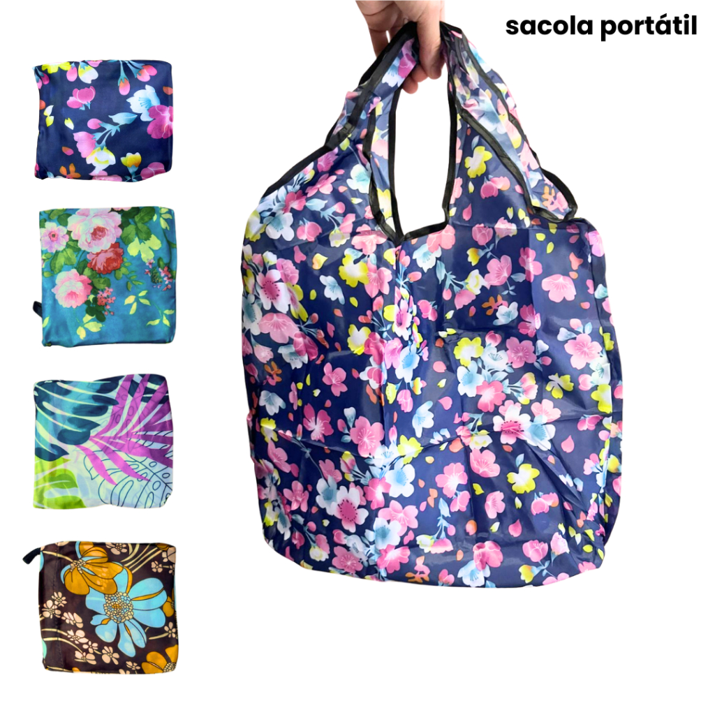 Kit 3 Bolsa Sacola de Ombro Dobrável Reutilizável Praia Feira Compras