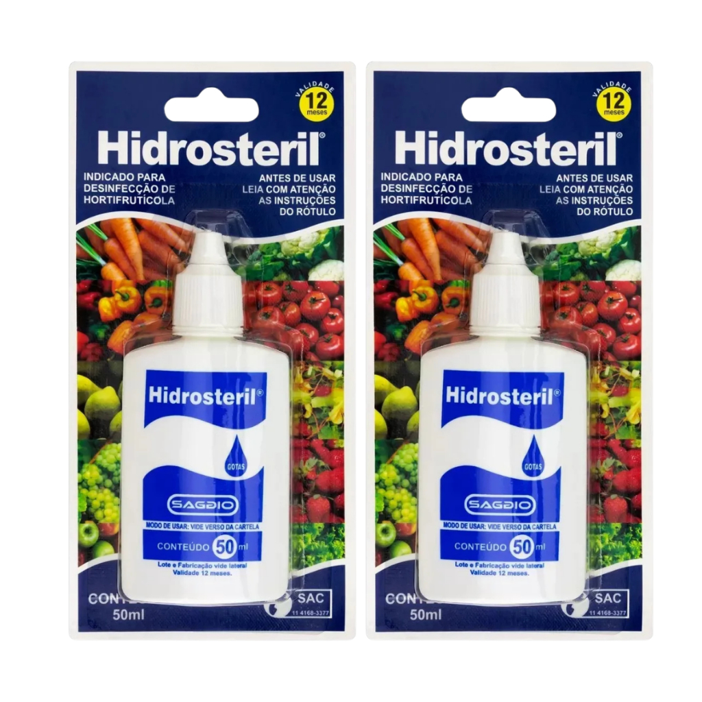 Kit 2 Hipoclorito Hidrosteril Gotas 50 ML Sanitizante para Água, Saladas, Frutas, Mamadeira, Chupeta