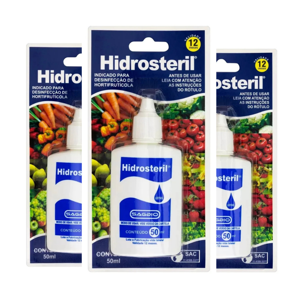 Kit 3 Hipoclorito Hidrosteril Gotas 50 ML Sanitizante para Água, Saladas, Frutas, Mamadeira, Chupeta