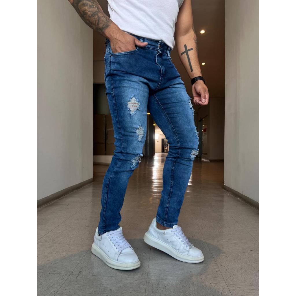 Calça Masculina Jeans Skinny Premium Lycra Elastano rasgada