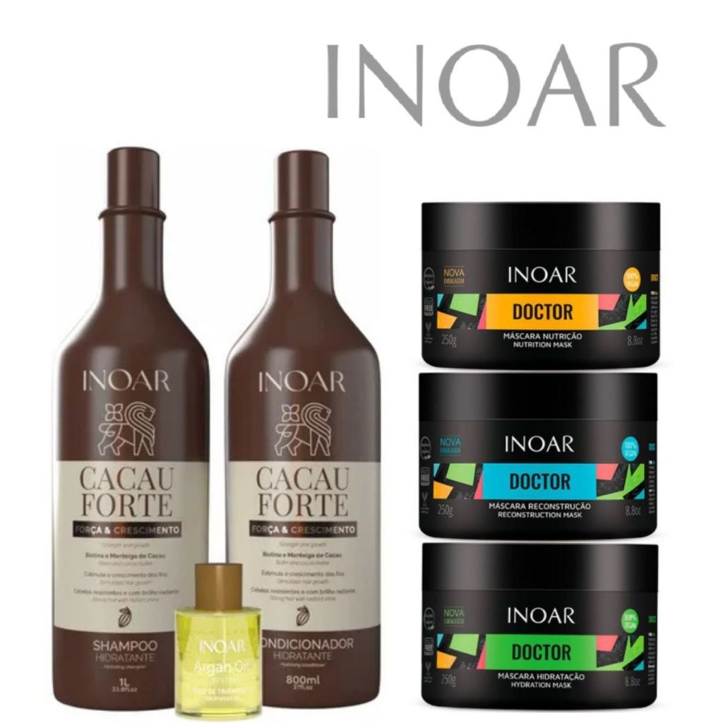 Kit Inoar Cacau Forte Shampoo 1l + Condicionador 800ml+ KIT Doctor 250G+oleo de argan em Oferta na Shopee