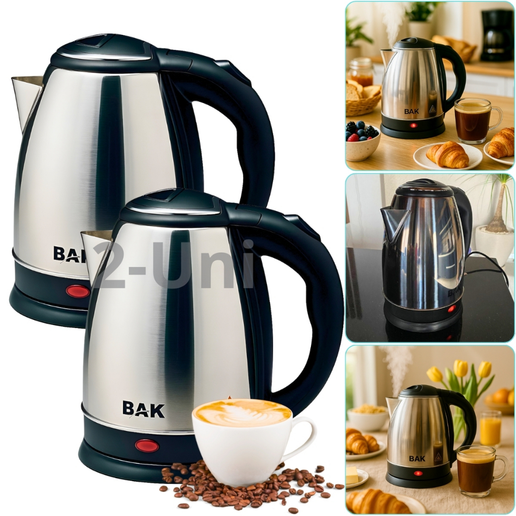 2 Chaleira Elétrica Kit da BAK em Aço Inox 1.8 Litros Voltagens 127v ou 220v Chaleira Moderna C/ Desligamento Automático
