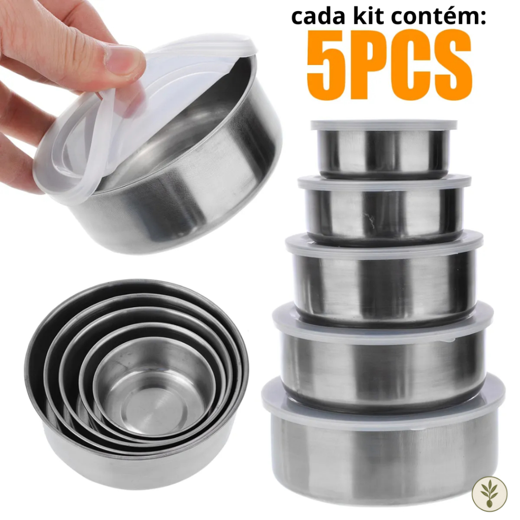 Jogo 5 Potes Tigelas em Inox Alumínio Com Tampa Redondo