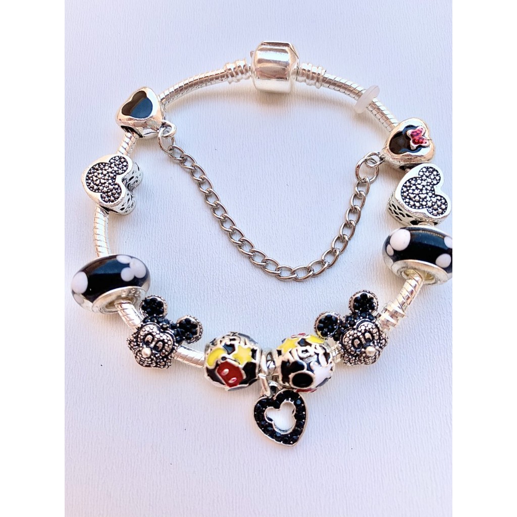 Pulseira Berloques Mickey e Minnie Vintage Banhada a Prata Semijoia Coleção Clássica