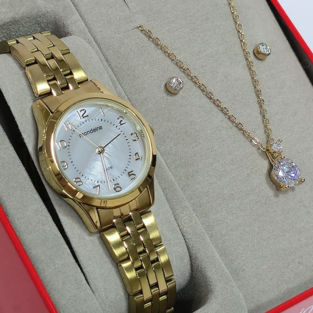 Relógio Mondaine Feminino Dourado Kit Com Semijoia 32796LPMKDE1K1 em Oferta na Shopee