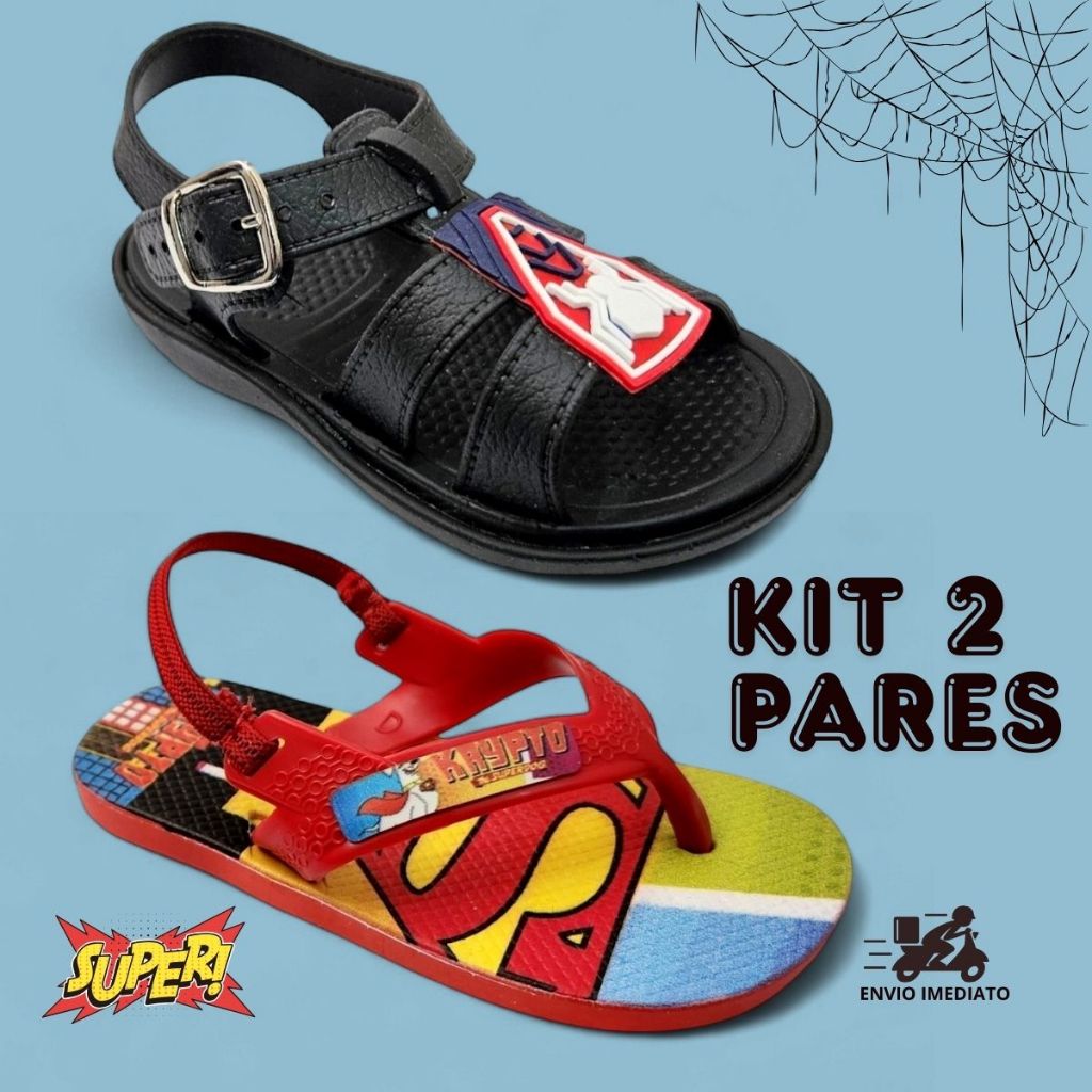 Kit 2 Pares Sandalia Masculino Baby Aranha + Chinelo Baby Menino Elástico Atrás